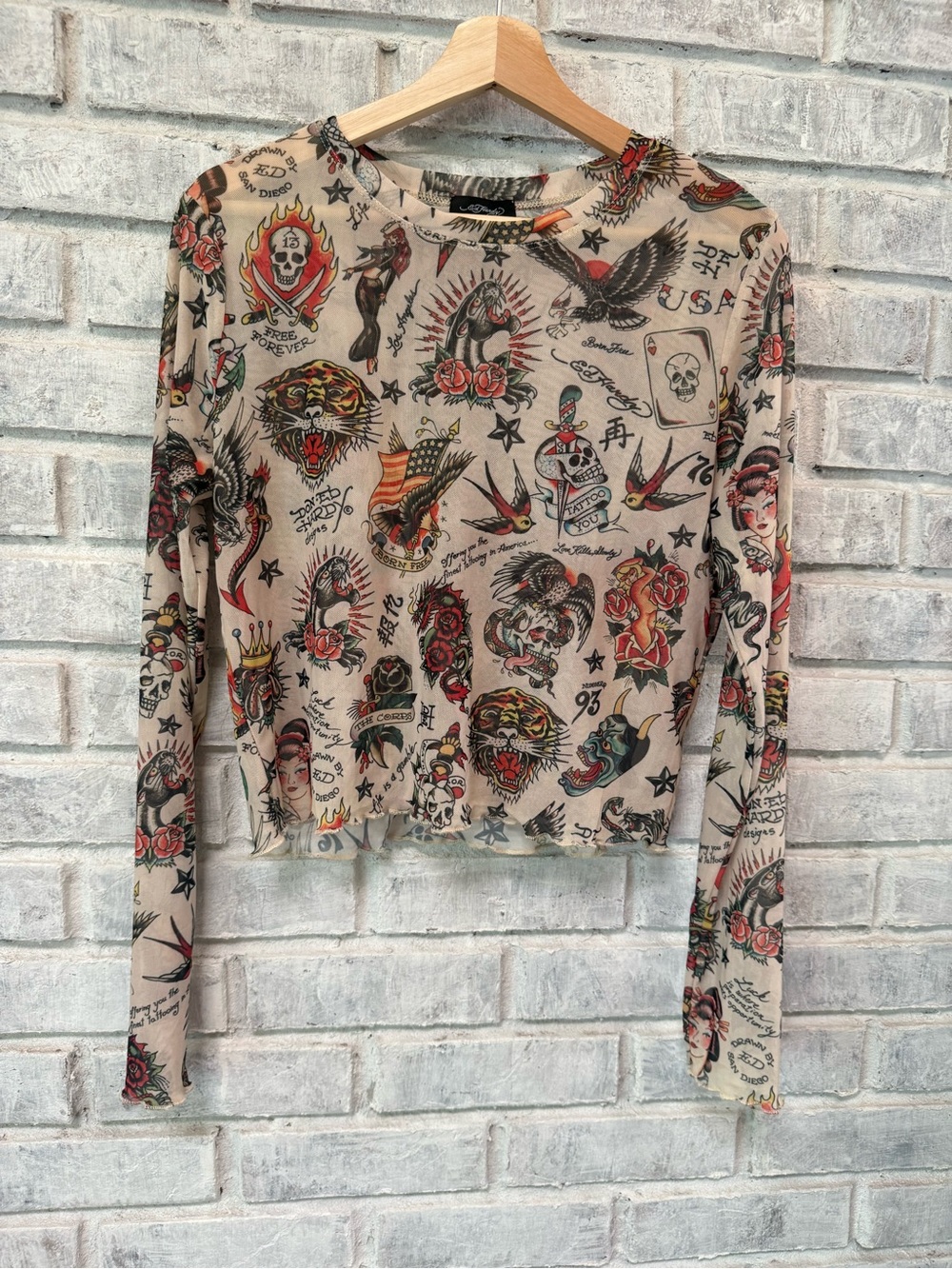 Ed Hardy Beige Tattoo-Print Long Sleeve Crop Top